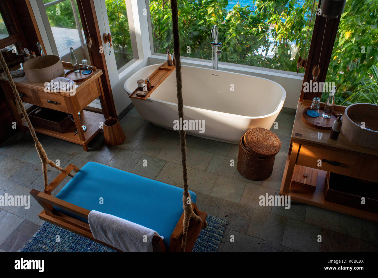 Inside a bathroom room of Six Senses Zil Pasyon luxury hotel. Felicite island Seychelles. Stock Photo
