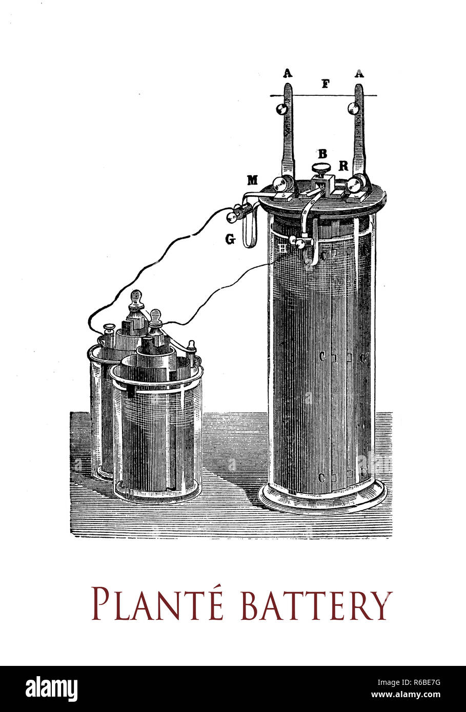Electricity and lab applications: first lead-acid battery invented by Gaston Planté in 1859,the negative electrode  is made of lead while the positive electrode  is made of lead oxide Stock Photo
