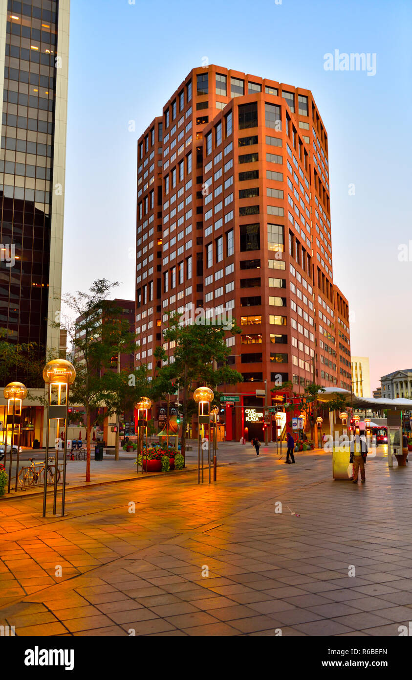 Evening street scene with The Brown Palace building, downtown Denver, Colorado, USA Stock Photo