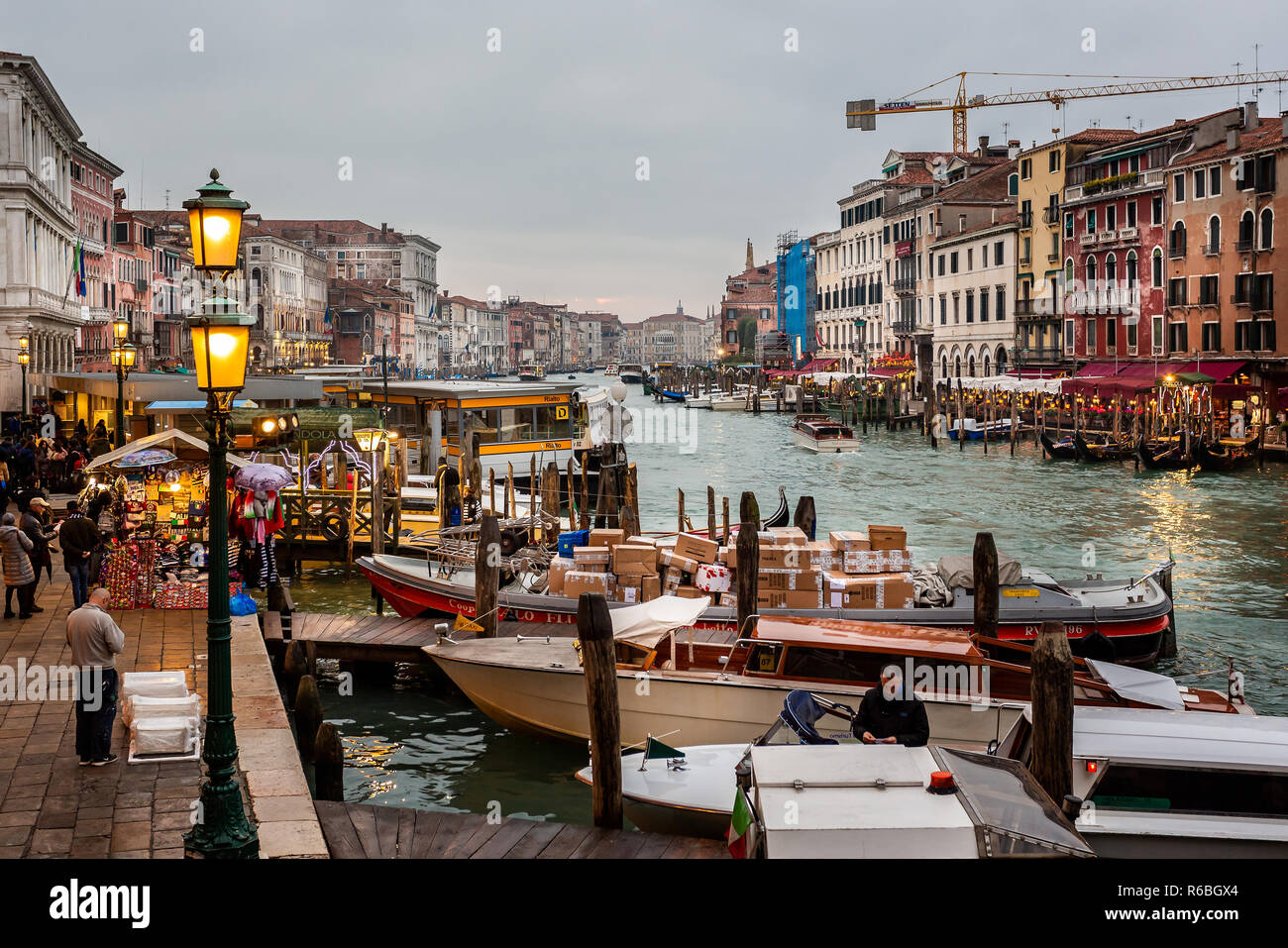 View of the Grand Canal at night from the Rialto Bridge in Venice ...