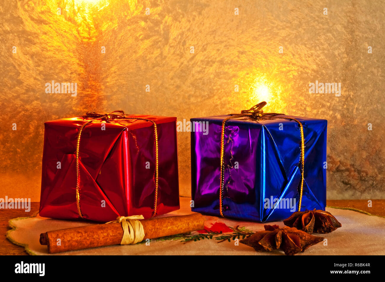 Christmas Gifts With Frozen Window Stock Photo - Alamy
