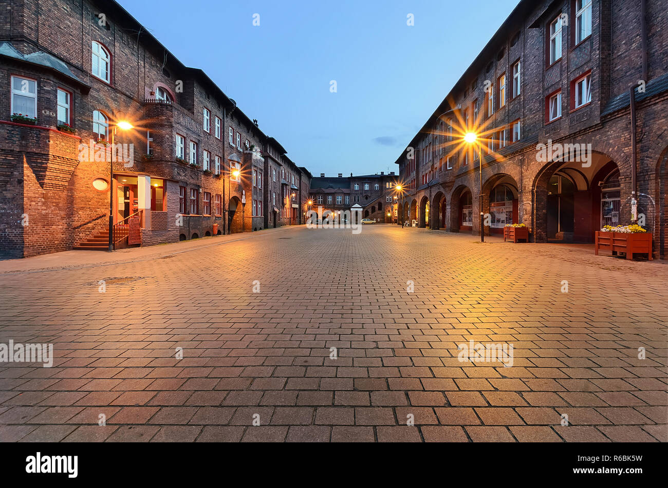 Square and houses in historic Nikiszowiec district in Katowice, Poland