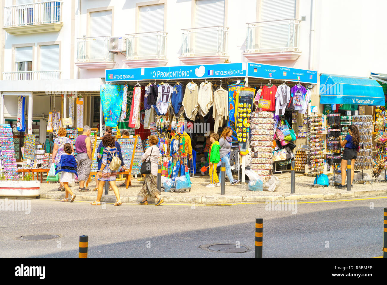 View of the central street and square with traditional shops at picturesque seaside village Nazare Stock Photo