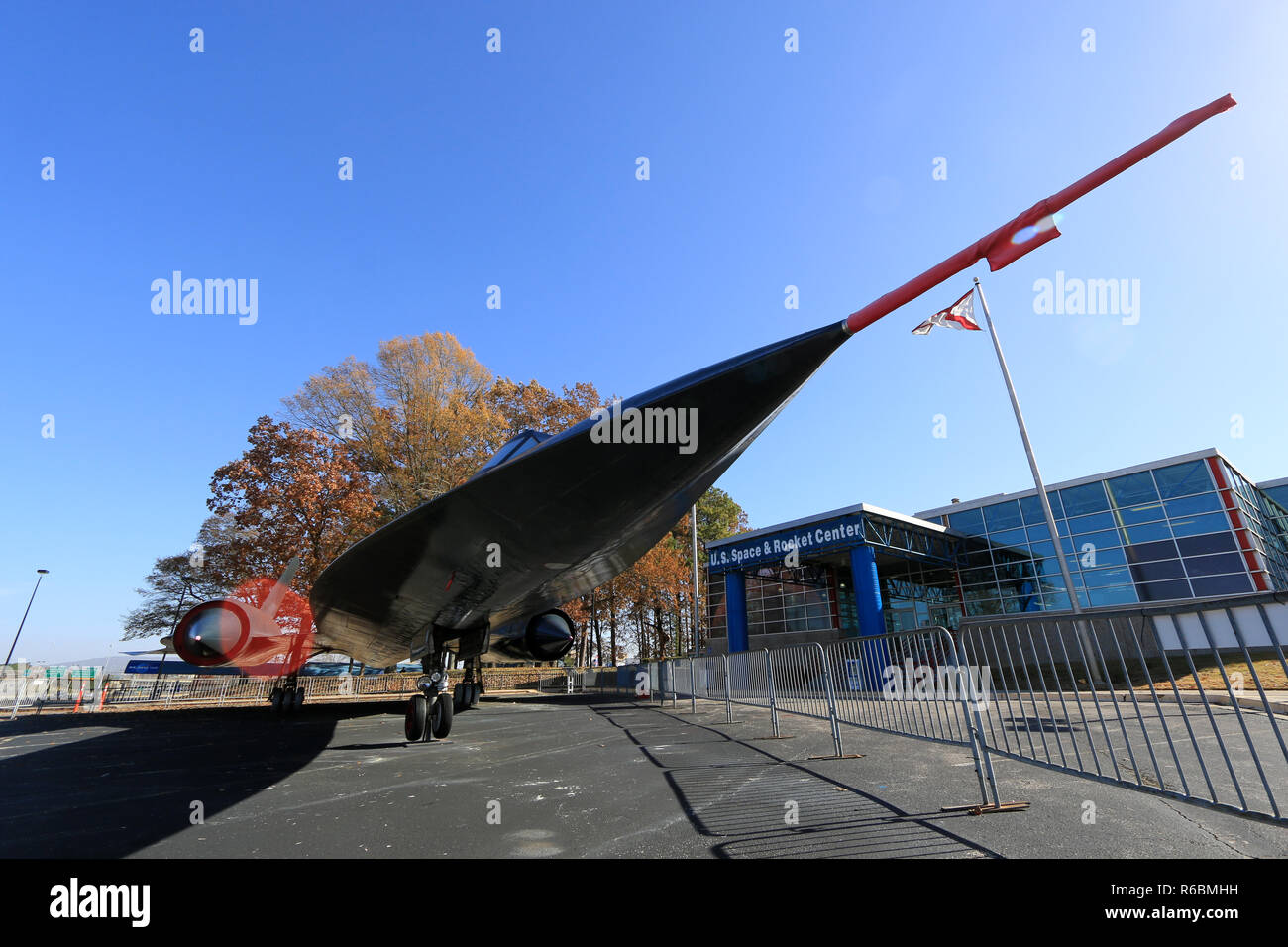 Lockheed SR-71 'Blackbird' Mach 3+ strategic reconnaissance aircraft at display in front of the main entrance of the U.S. Rocket and Space Center Stock Photo
