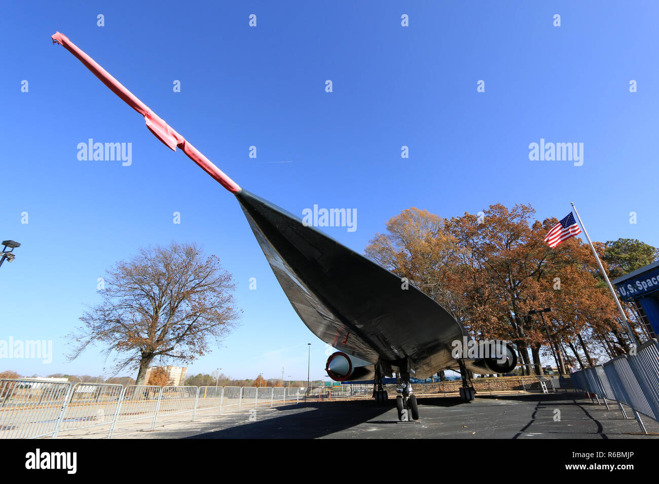 Lockheed SR-71 'Blackbird' Mach 3+ strategic reconnaissance aircraft at display in front of the main entrance of the U.S. Rocket and Space Center Stock Photo