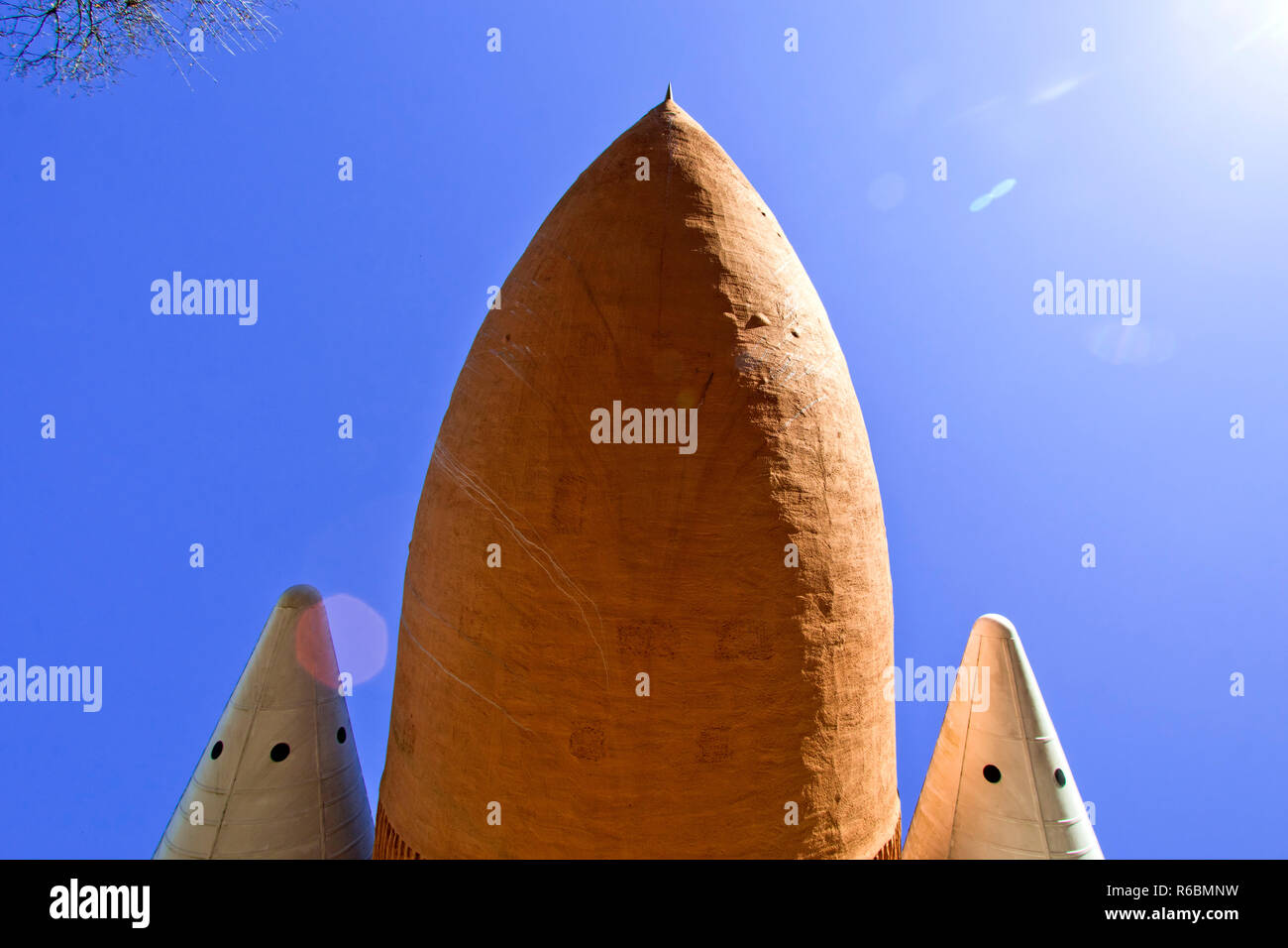 Main Propulsion Test Article External Tank (MPTA-ET) and the nose cones of two Space Shuttle Solid Rocket Boosters (SRBs) in Huntsville, AL, USA Stock Photo