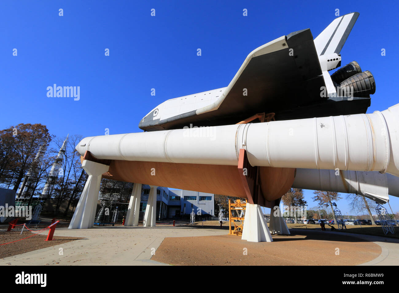 Space Shuttle Orbiter test simulator Pathfinder sits atop the Main Propulsion Test Article External Tank (MPTA-ET) at the US Rocket and Space Center Stock Photo