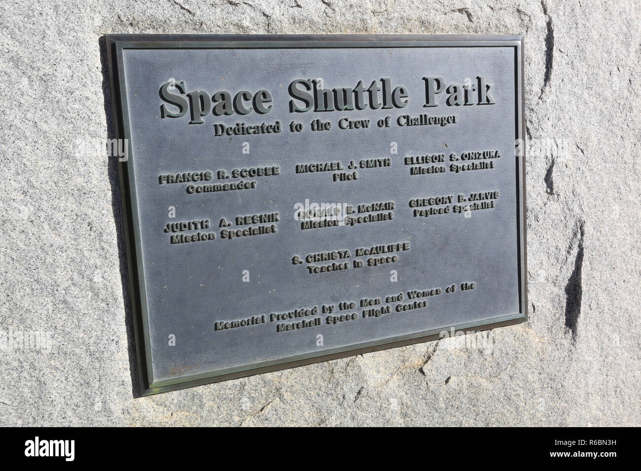 Challenger Memorial Stone at the U.S. Rocket and Space Center in Huntsville, AL, USA Stock Photo
