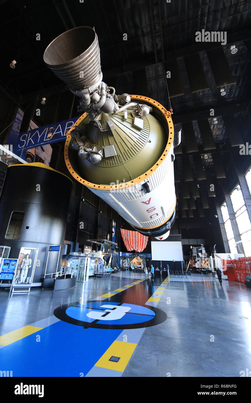 The J-2 rocket engine mounted to the bottom of the third stage of the Saturn V at the Davidson Center, U.S. Rocket and Space Center, Huntsville, AL Stock Photo