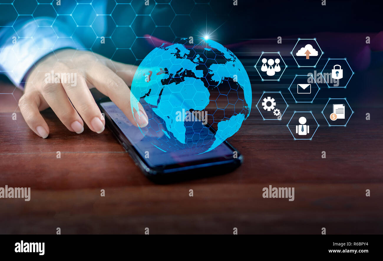 Smart Phones and Globe Connections Uncommon communication world Internet Businesspeople press the phone to communicate in the Internet. Space put mess Stock Photo