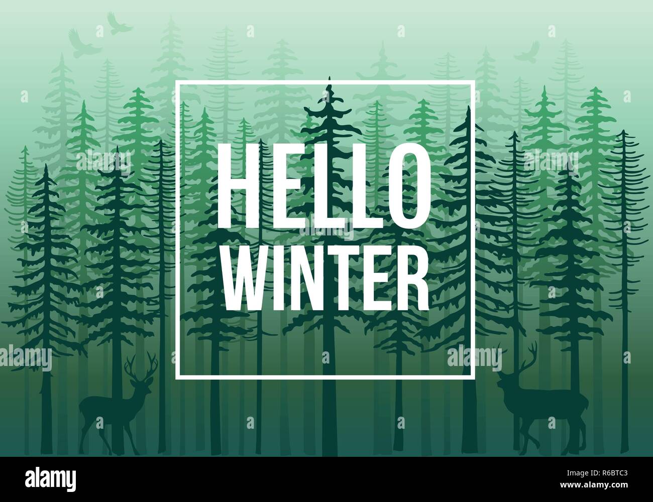 Green winter forest with fir trees, deer and birds, vector background ...