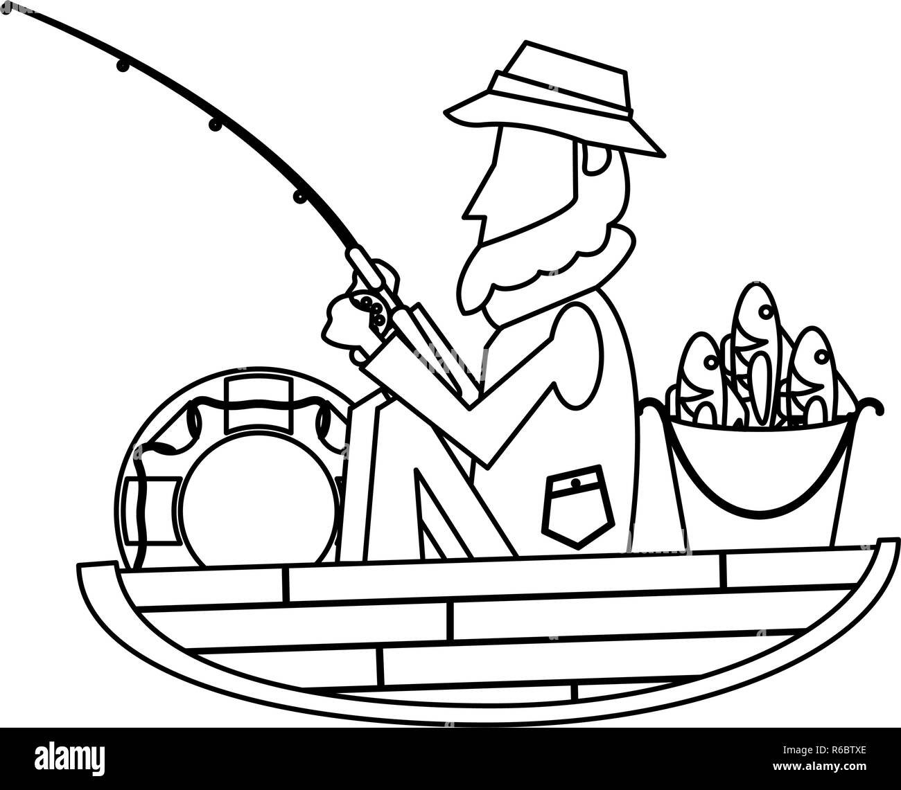 Fisherman in boat in black and white Stock Vector Image & Art - Alamy