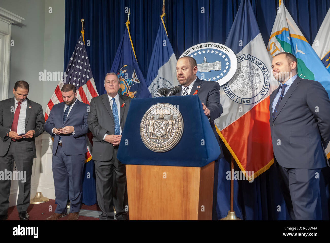 (Left to right) New York City Council Members Fernando Cabrera, Joseph C. Borelli, Daniel Dromm, Rory Lancman and New York City Council Speaker Corey Johnson at a news conference  on Wednesday, November 28, 2018 in the Red Room of New York City Hall about pending legislation. The council's vote on expanding voter protection services for incarcerated individuals was discussed among a multitude of other bills.  (Â© Richard B. Levine) Stock Photo