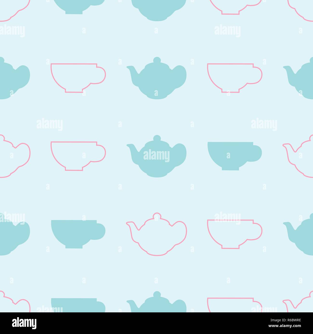 Pastel blue and pink Teapot and cup vector seamless Pattern on light ...
