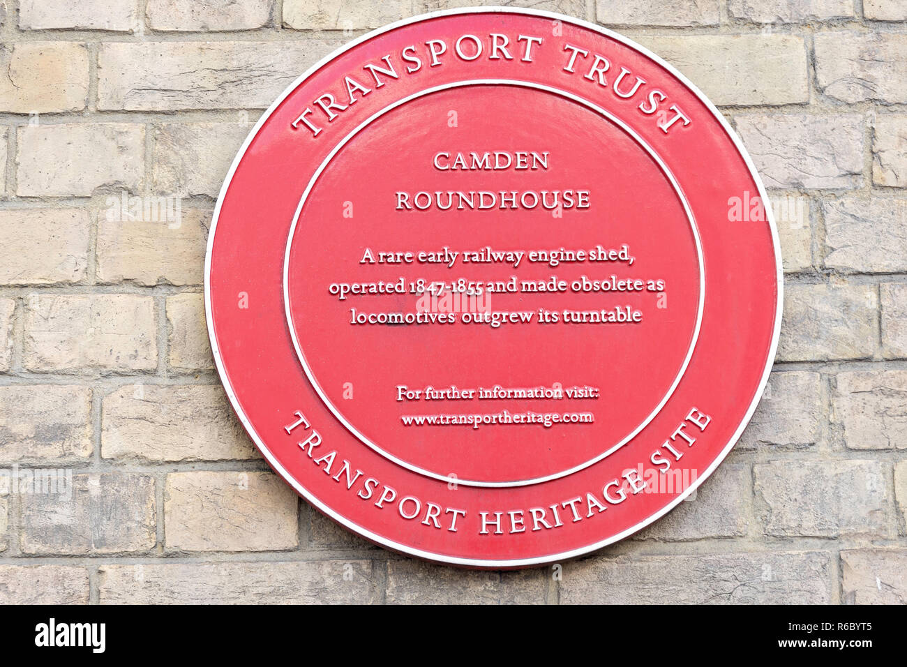 Transport Heritage plaque on The Roundhouse, Chalk Farm Road, Camden Town, London Borough of Camden, Greater London, England, United Kingdom Stock Photo