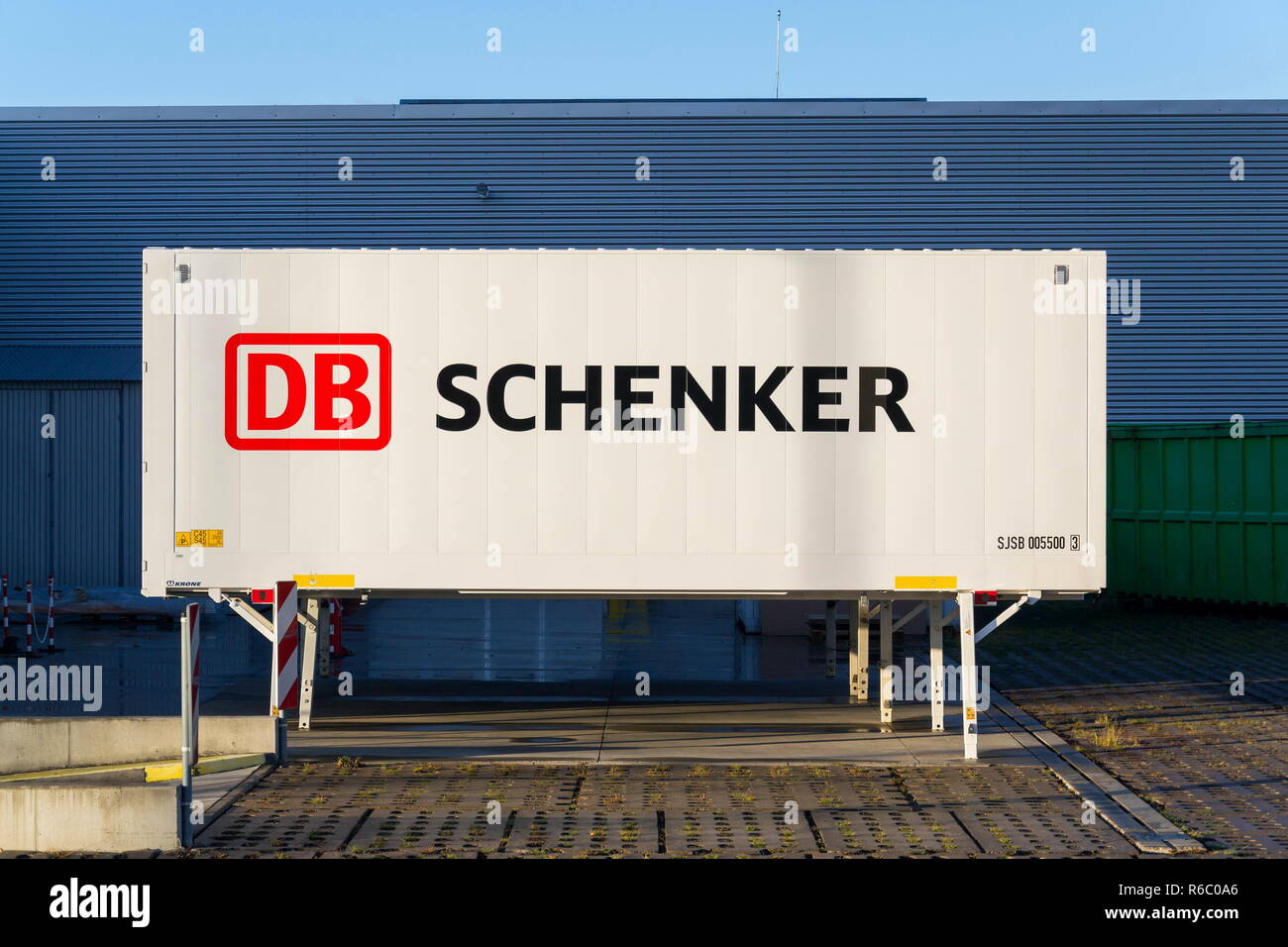 KLADNO, CZECH REPUBLIC - DECEMBER 4 2018: DB Schenker german rail operator Deutsche Bahn AG logistics division company logo on shipping container Stock Photo