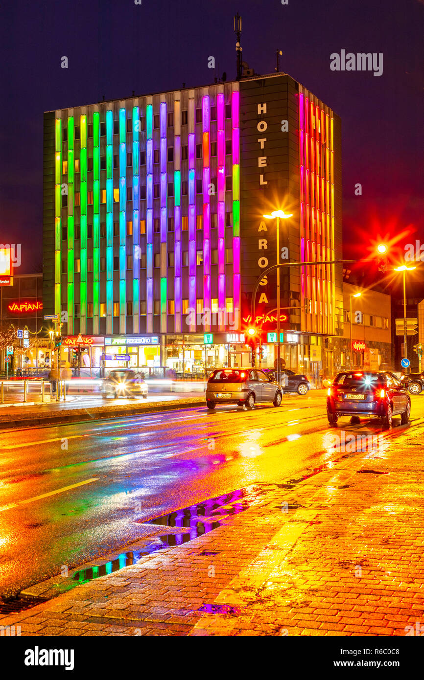 Novum Hotel Arosa Essen, mit LED beleuchtete Fassade, in Essen Rüttenscheid, Stock Photo