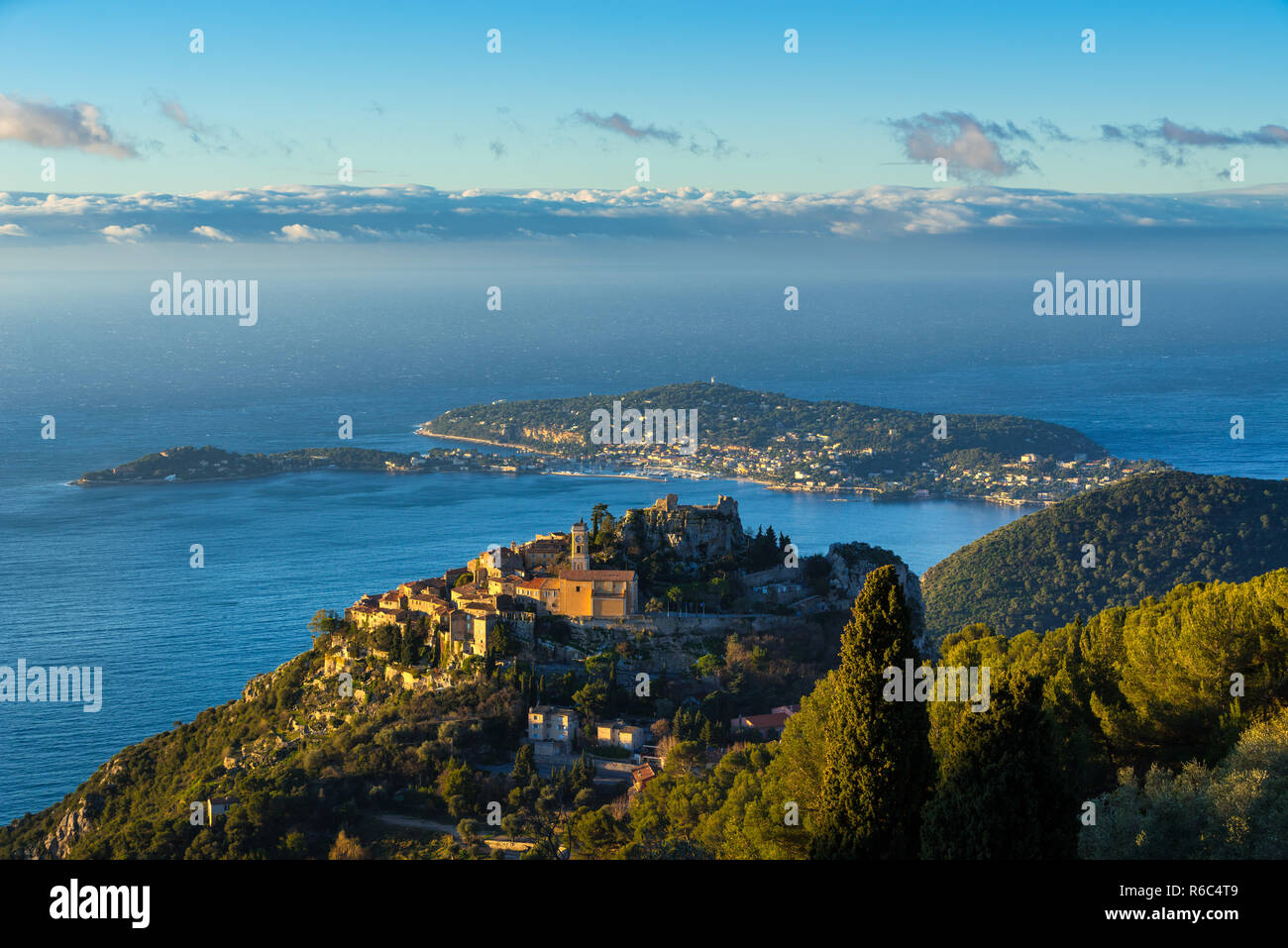 Eze (Èze) Village, the Mediterranean Sea and Saint-Jean-Cap-Ferrat at sunrise. Alpes-Maritimes, French Riviera, France Stock Photo