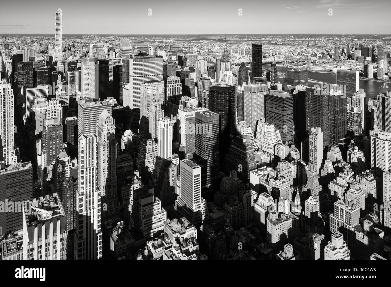 New York City aerial view of the skyscrapers of Murray-Hill Midtown Manhattan in Black & White Stock Photo