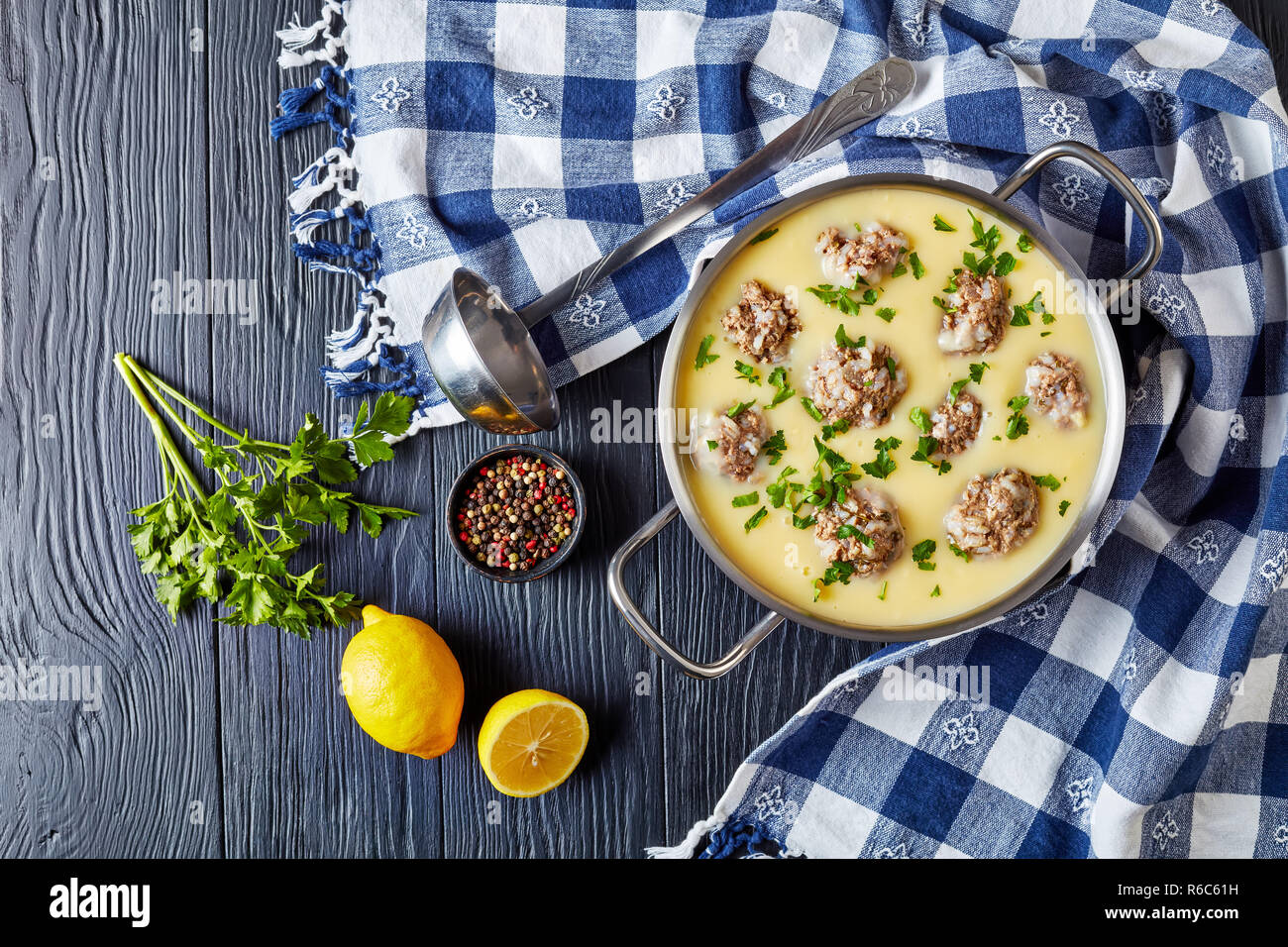 Traditional Greek Meatball Soup Giouvarlakia, Youvarlakia in Egg