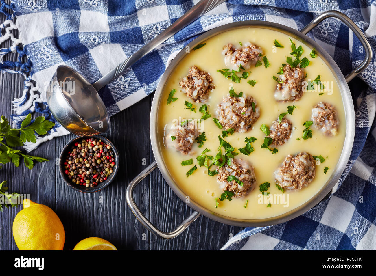 Traditional Greek Meatball Soup Giouvarlakia, Youvarlakia in Egg