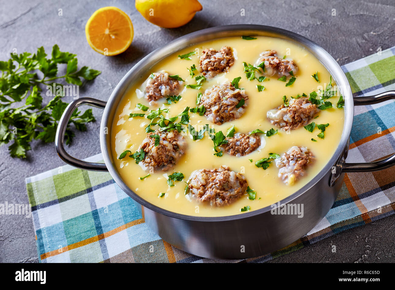 hearty Greek Meatball Soup Giouvarlakia, Youvarlakia in Egg lemon