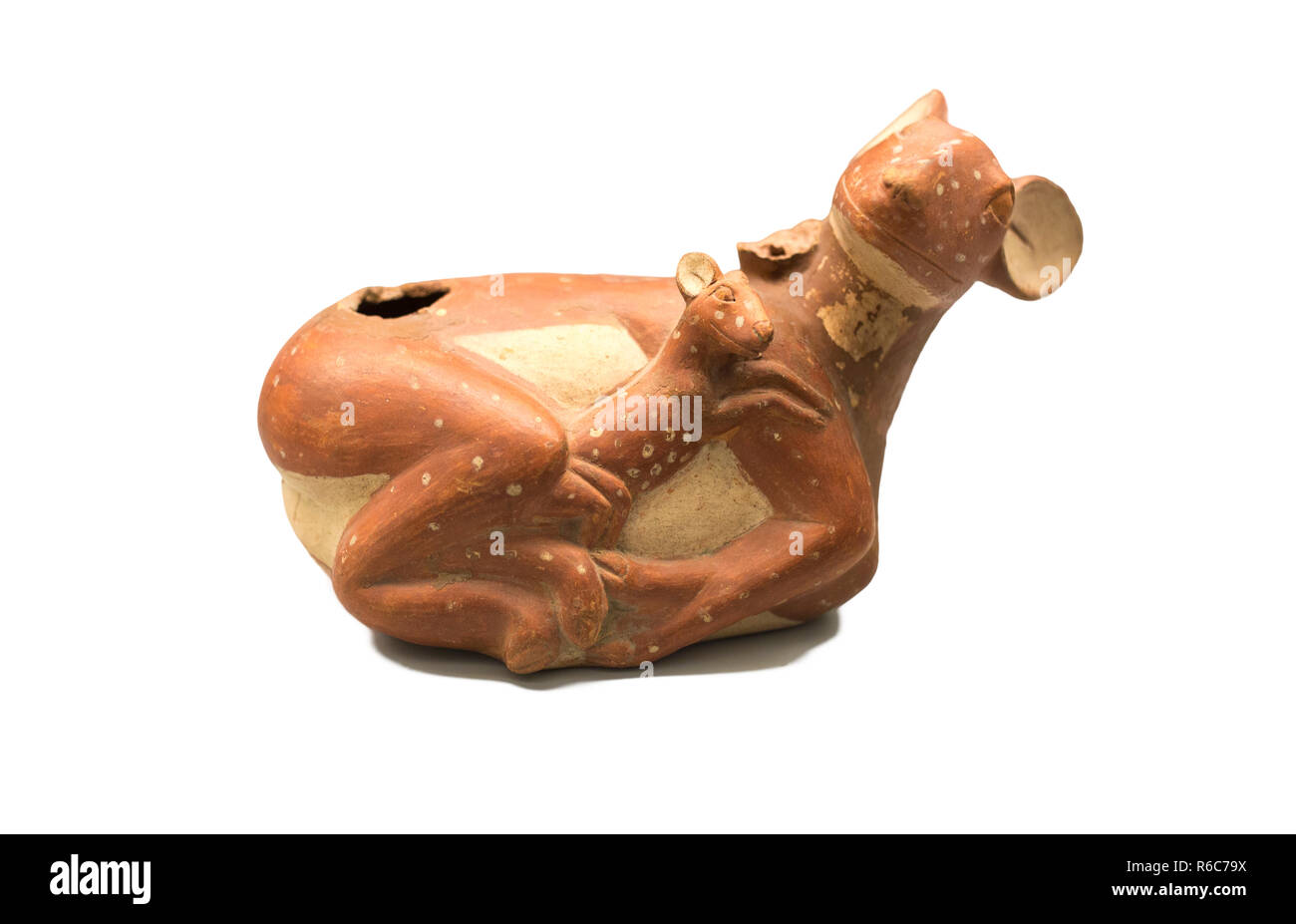 Madrid, Spain - Sept 8th, 2018: Sculptural vessel depicting a deer with her young, Moche culture, ancient Peru.Museum of the Americas, Madrid, Spain Stock Photo