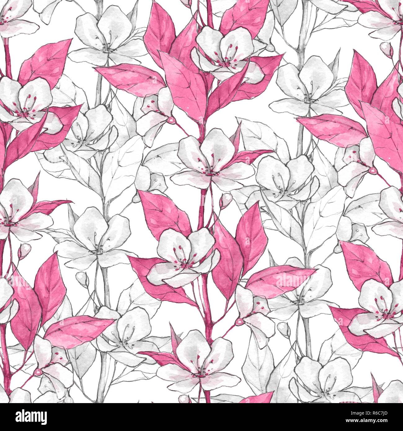 Seamless pattern with flowers and pink leaves Stock Photo - Alamy