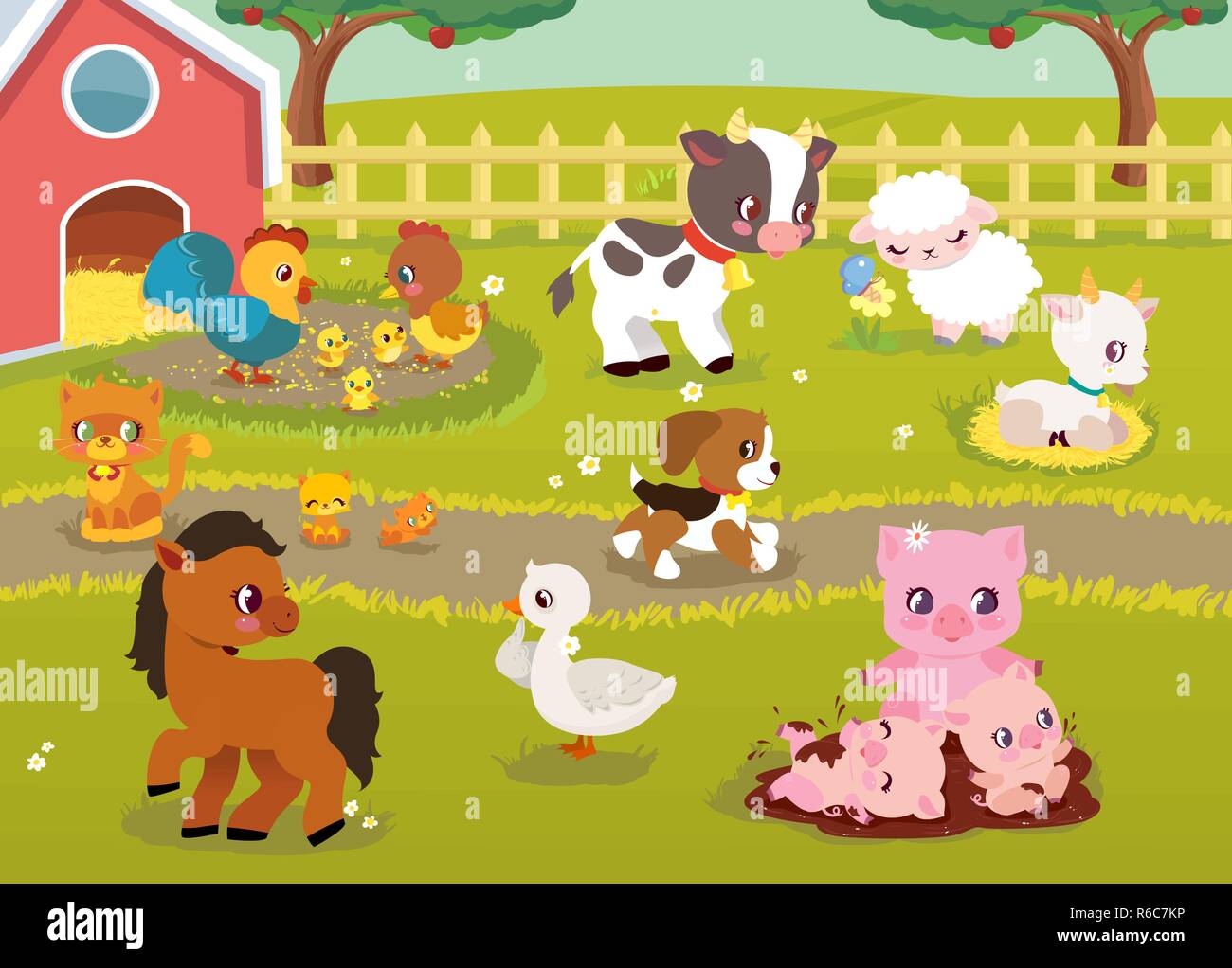Cute Baby Farm animals with village landscape - cow, pig, sheep, horse,  rooster, chicken, hen, goose, goat, cat, dog. Cute cartoon vector  illustration in flat style Stock Vector Image & Art - Alamy