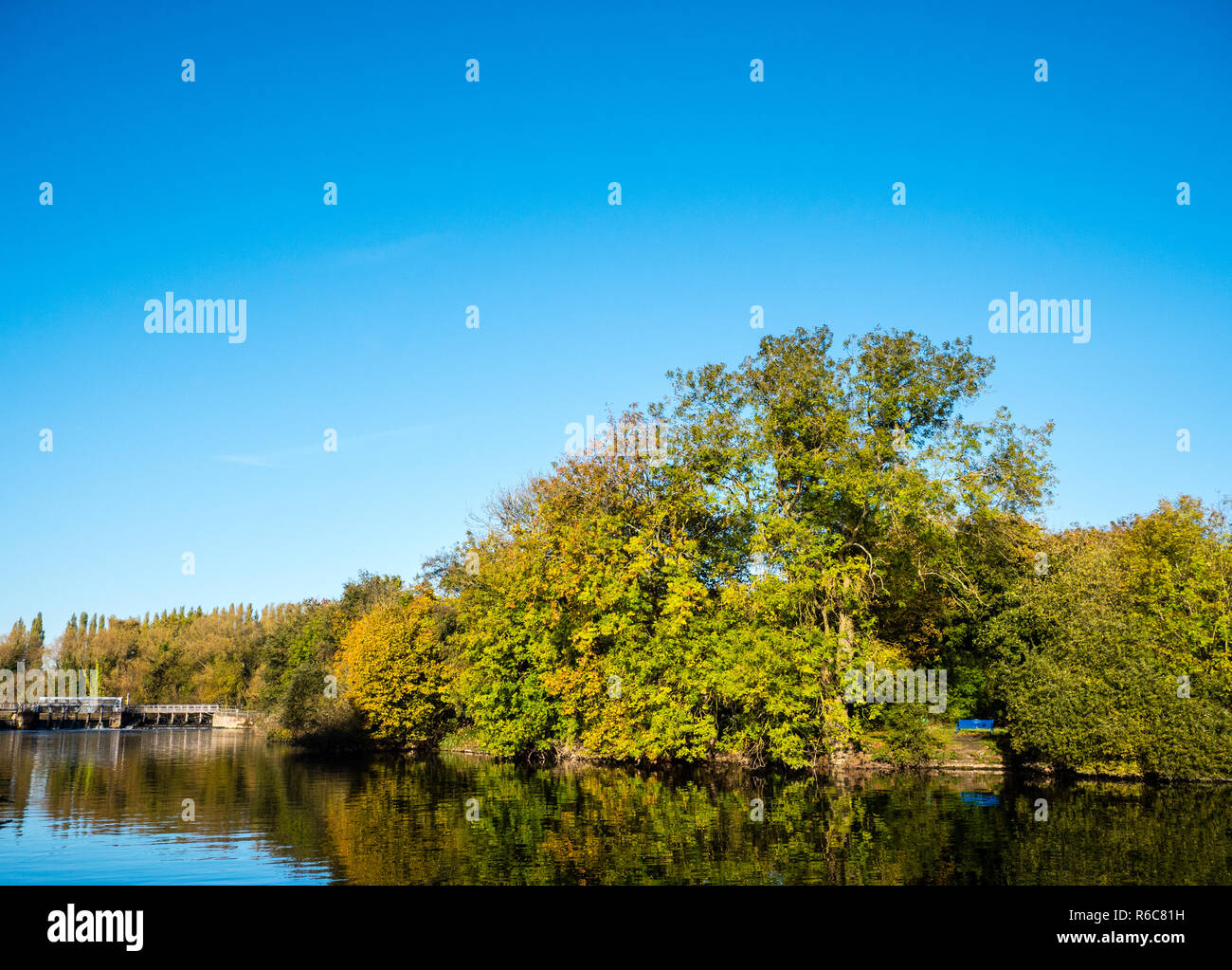 Caversham Lock and Weir Viewed from Kings Meadow, Reading, Berkshire