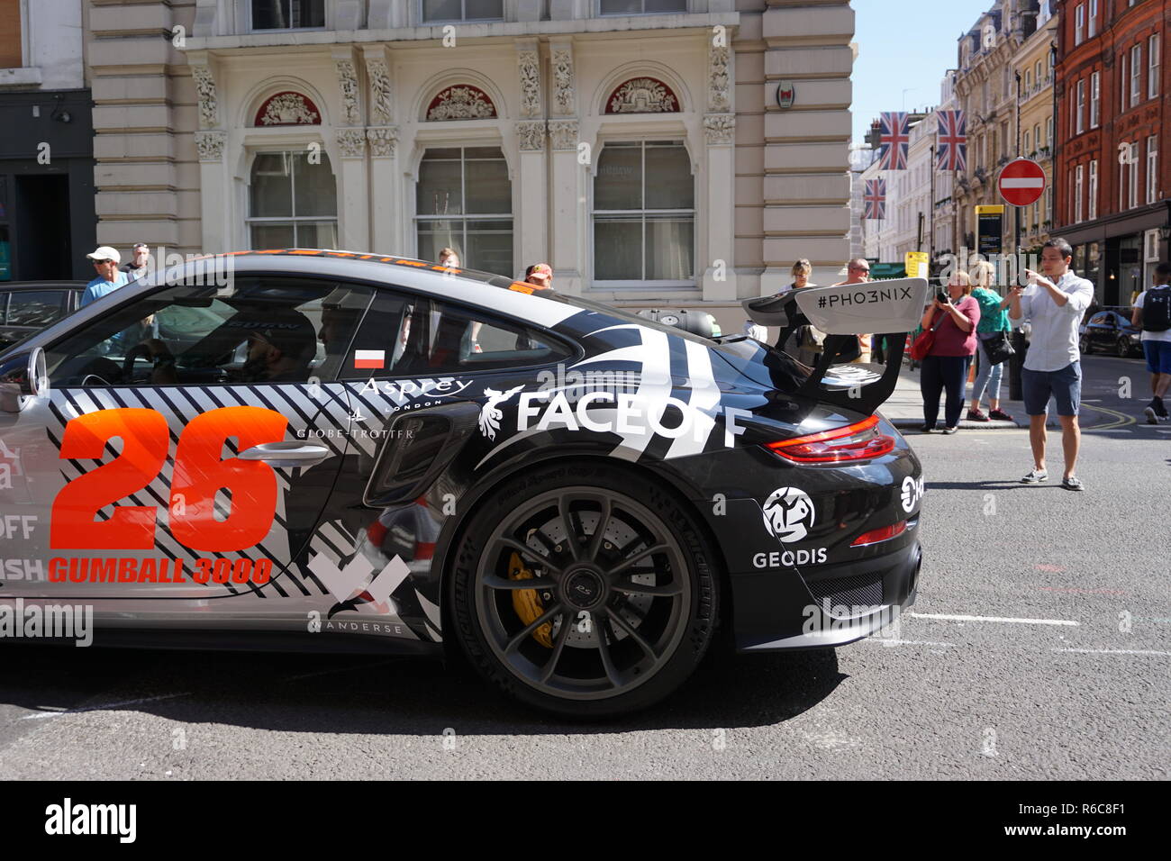 Porsche 911 GT2 RS arriving in Covent Garden, London for the start of the 2018 Gumball 3000 rally from London to Tokyo. Stock Photo