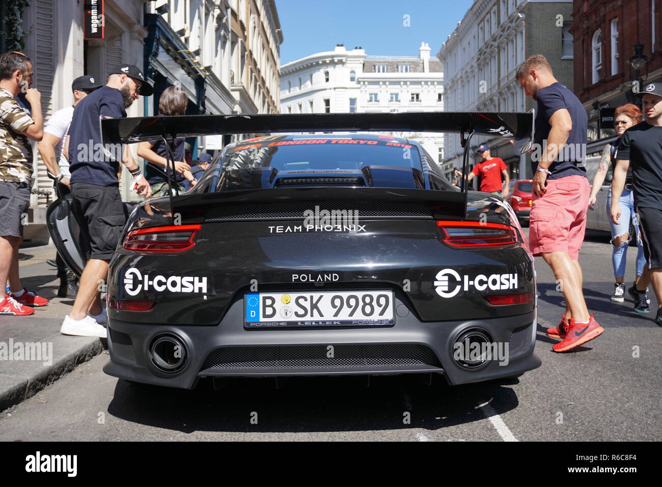 Porsche 911 GT2 RS arriving in Covent Garden, London for the start of the 2018 Gumball 3000 rally from London to Tokyo. Stock Photo