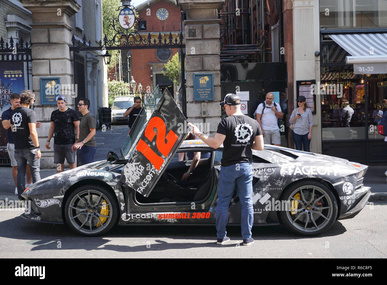 Lamborghini Aventador S arriving in Covent Garden, London for the start of the 2018 Gumball 3000 rally from London to Tokyo. Stock Photo