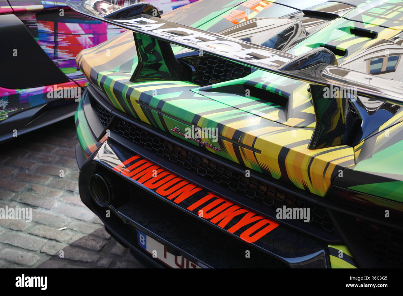 Lamborghini Huracan Performante Spyder on display in Covent Garden, London for the start of the 2018 Gumball 3000 Rally from London to Tokyo. Stock Photo