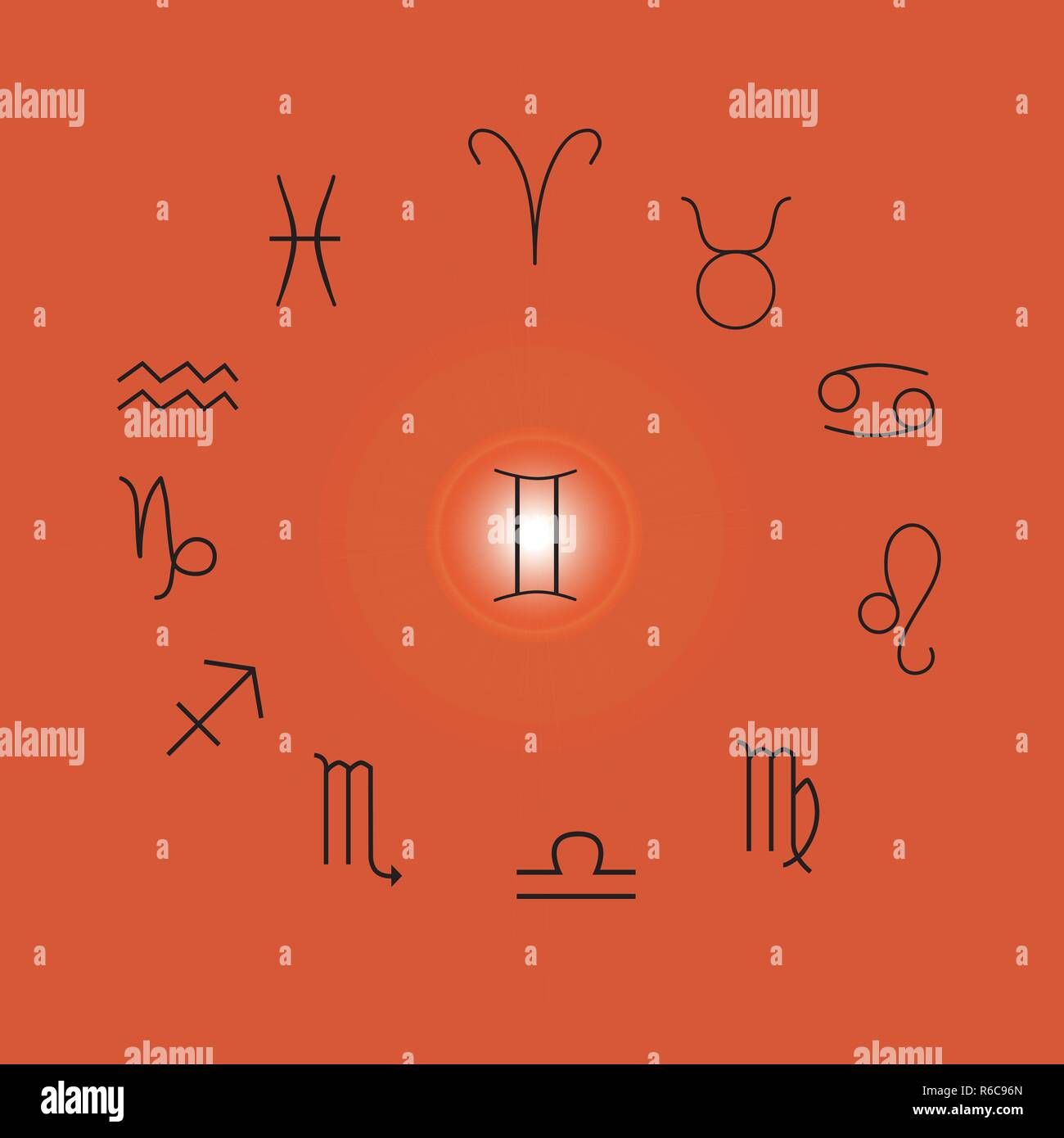 Astrological signs, Symbols of zodiac, horoscope, astrology and mystic signs vector illustration on a orange background Stock Vector