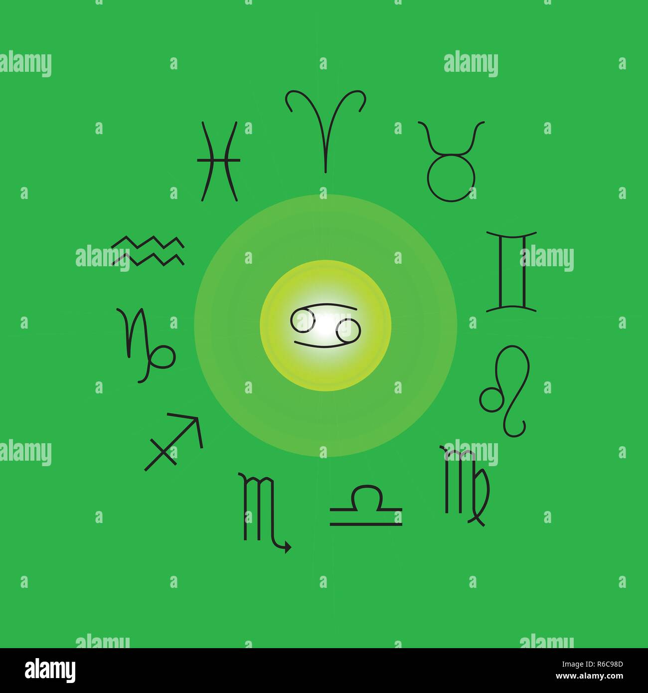 Astrological signs, Symbols of zodiac, horoscope, astrology and mystic signs vector illustration on a green background Stock Vector