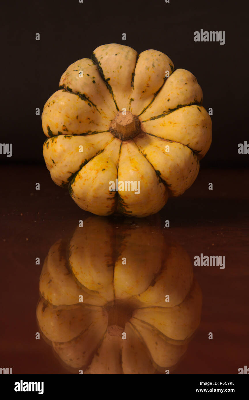 Small decoration pumpkin on a table where you can see the reflection of the pumpkin and dark background Stock Photo