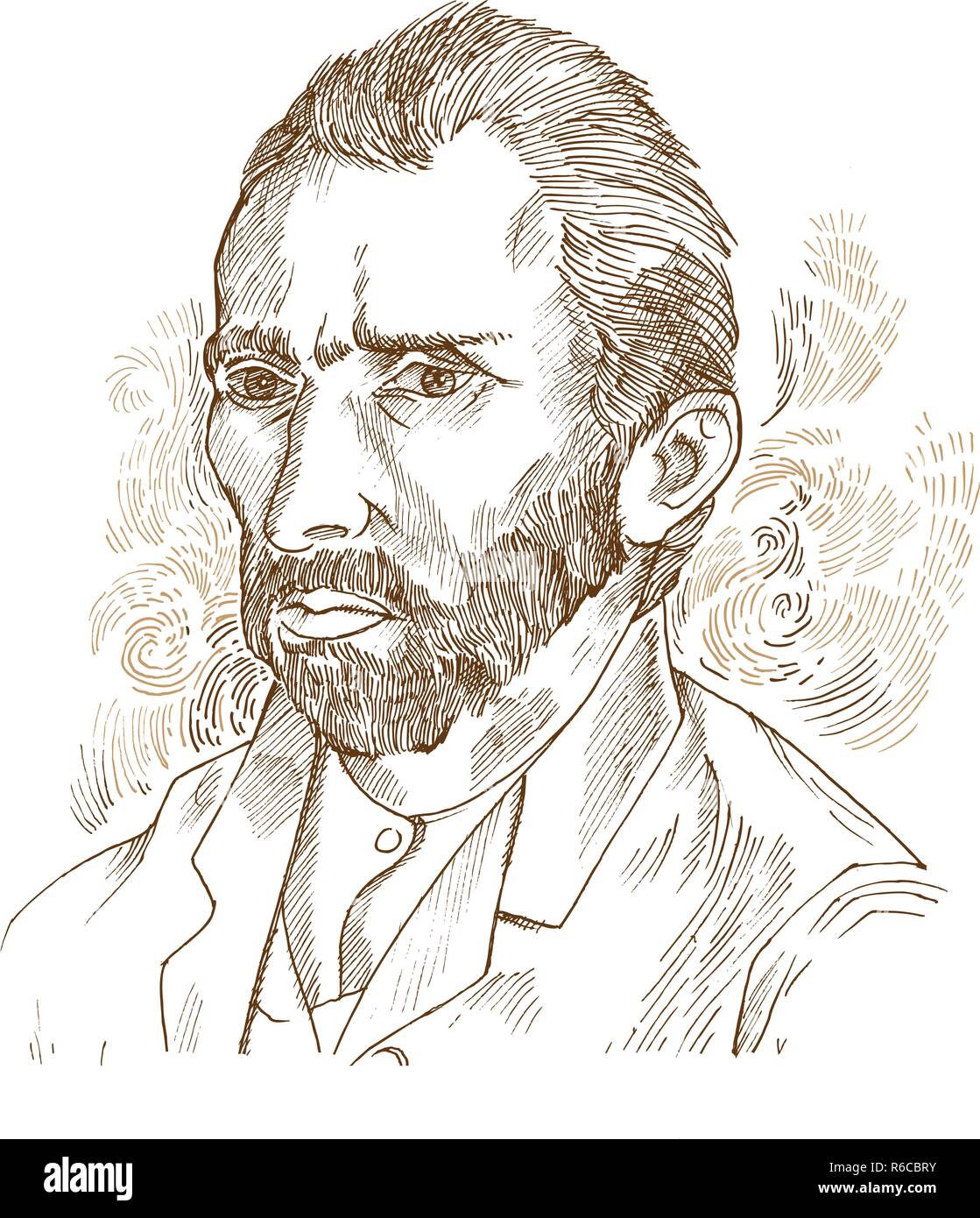 Hand drawn vector portrait.Vincent Van Gogh Stock Vector