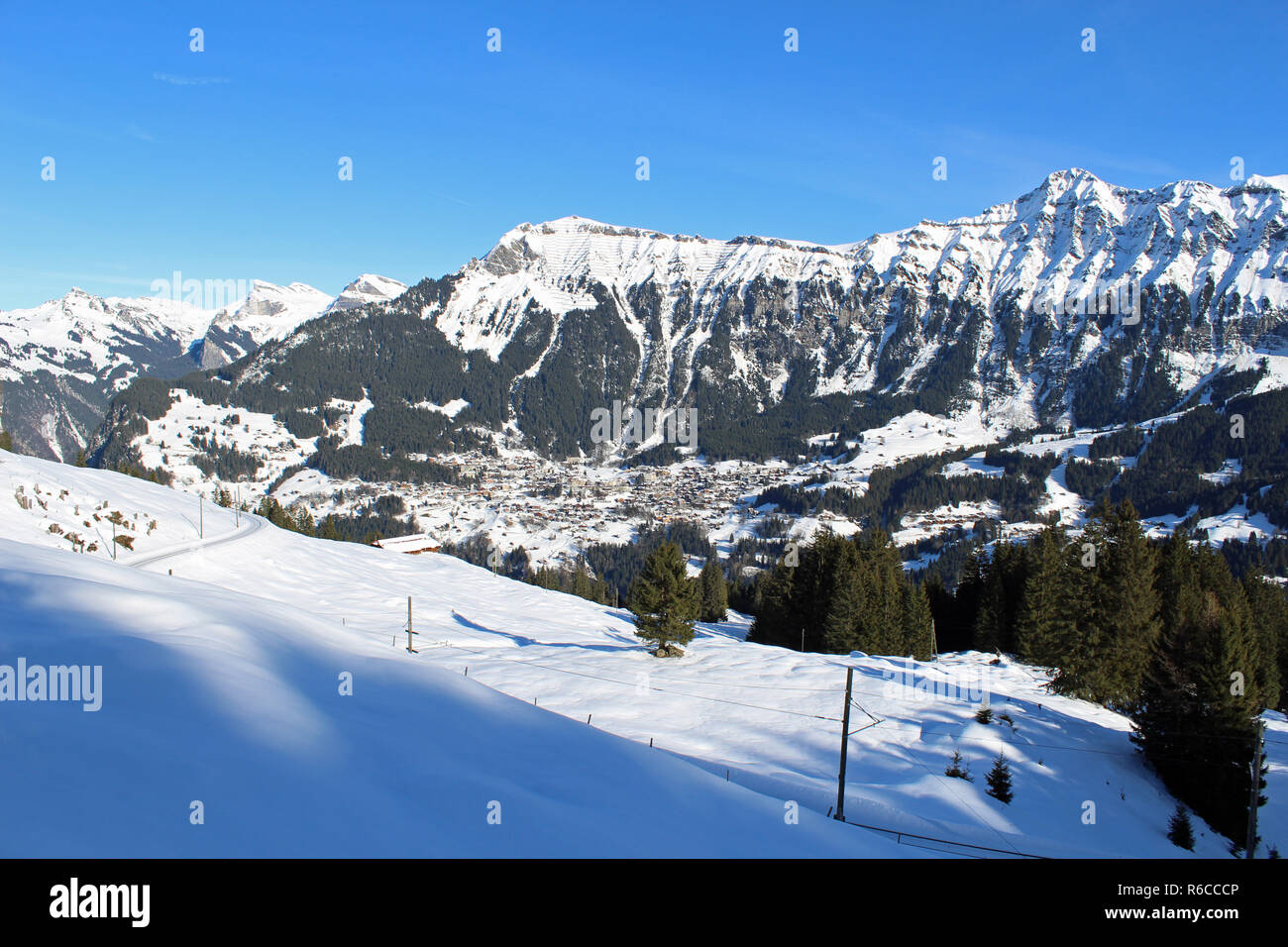 Miles of Winter walking trails near Murren, Switzerland with view