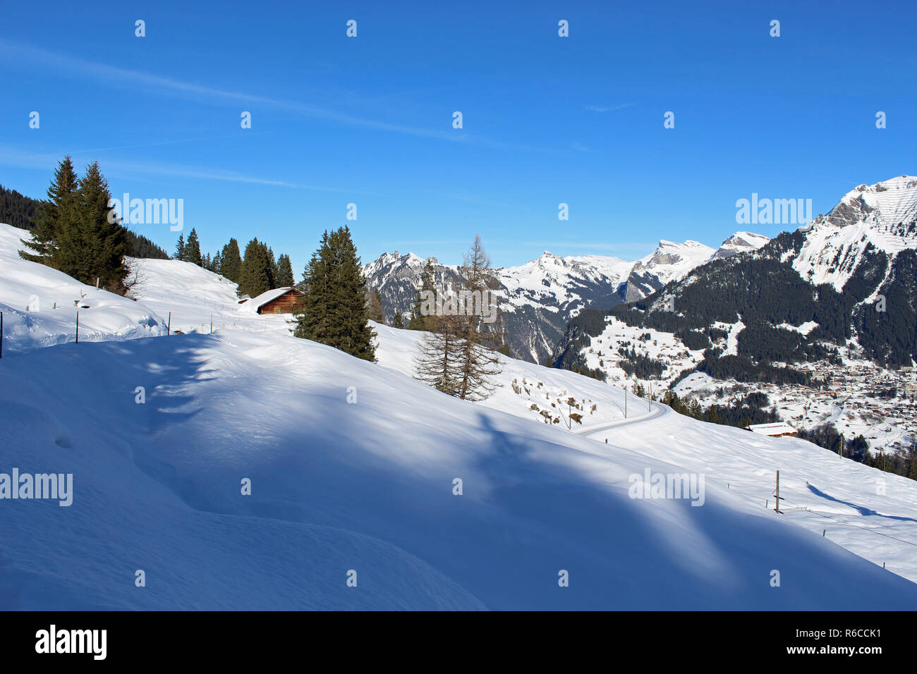 Miles of Winter walking trails near Murren, Switzerland with view