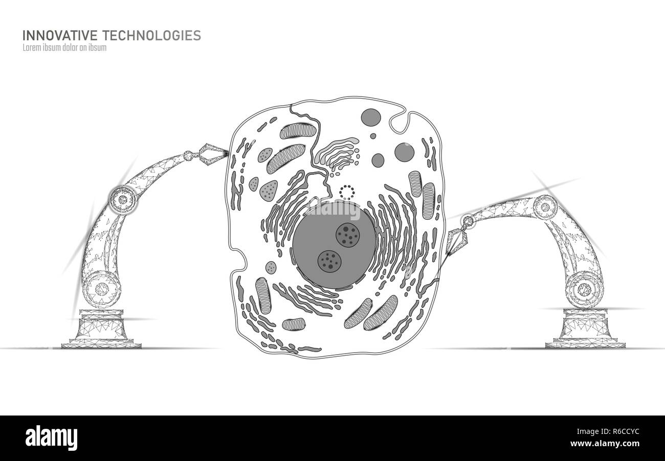 Artificial cell synthesys gene therapy DNA 3D chemical. Animal cell biochemistry engineering research concept. Biorobot robotic arm industry vector illustration future business technology Stock Vector