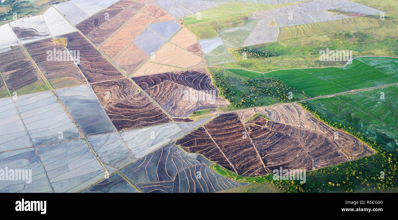 Green and brown agricultural fields above aerial drone view Stock Photo ...