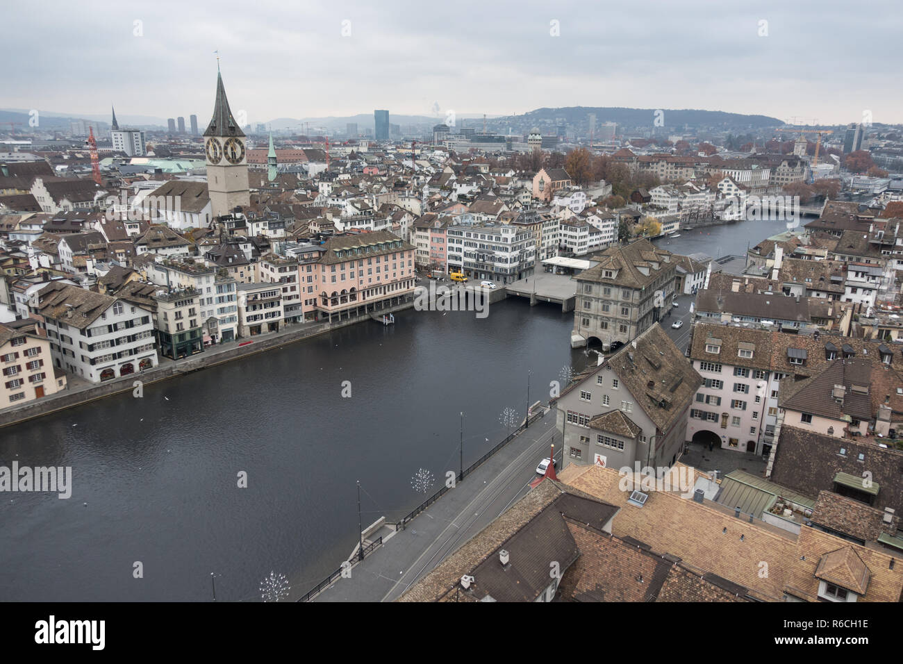Zurich, Switzerland, Limmat River, looking north. St. Peter Church with  largest tower clock face in Europe easily visible, winding medieval streets  Stock Photo - Alamy