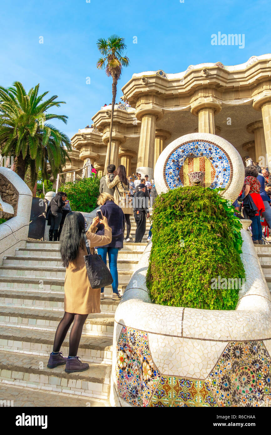 Barcelona, Catalunya ,Spain - Dicember 01, 2018: Park Guell by architect Gaudi. Parc Guell is the most important park in Barcelona. Stock Photo