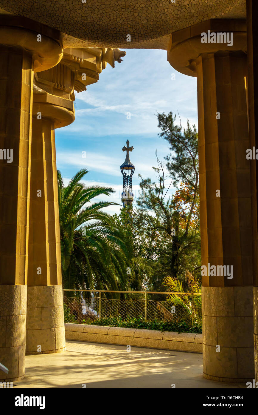 Panoramic view of Park Guell in Barcelona, Catalunya Spain. Stock Photo