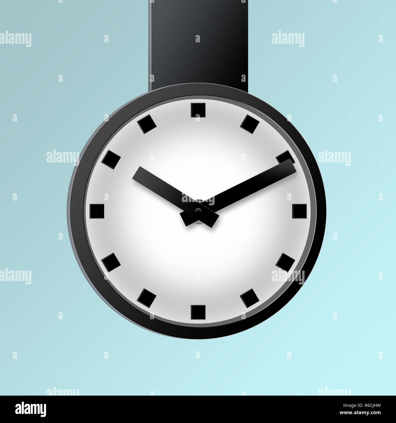 Digital illustration of simple large public hanging clock in black and white with a pale background Stock Photo