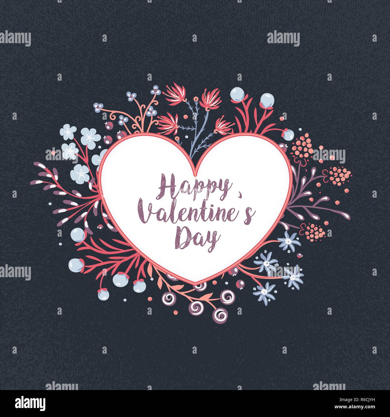 Happy Valentine's Day. Hand drawn colorful flowers around heart. Floral frame. Romance. Holiday in February Stock Photo