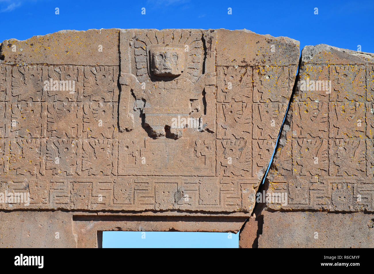 Close Up Of The Sun Gate In Tiwanaku (Tiahuanaco) And Viracocha (Sun God), La Paz Region, Bolivia, South America Stock Photo