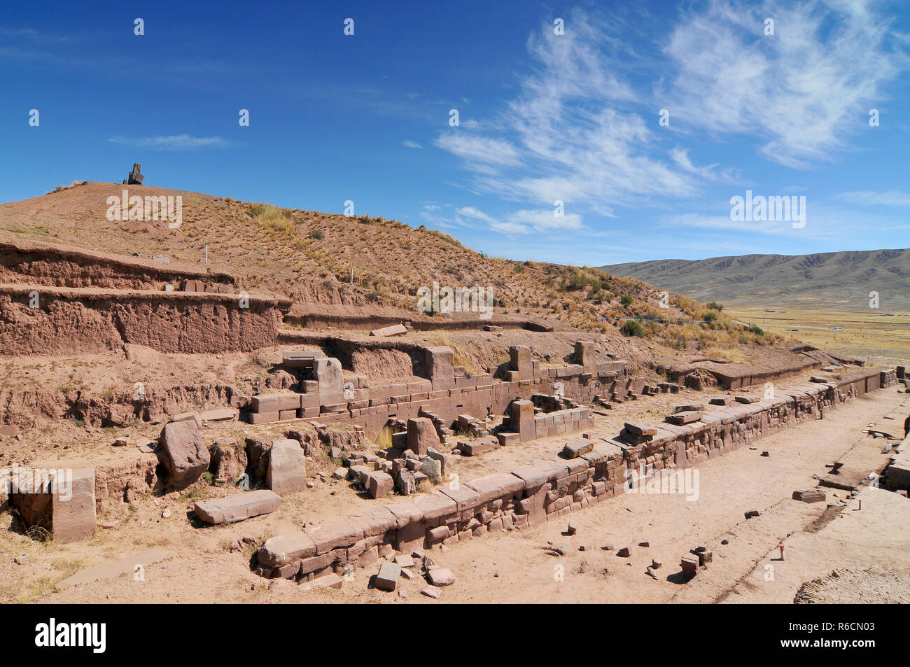 Bolivia, Tiwanaku, Walls Around The Temple Kalasasaya, Background Pyramid Stock Photo