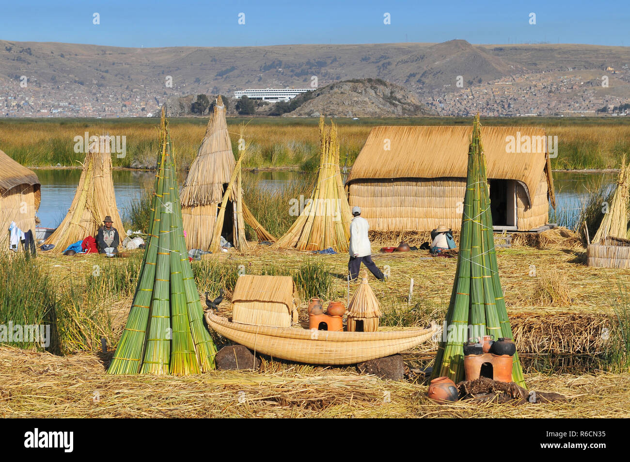 Peru, South America, Titicaca Lake, Uros Indian, Uros Ayamaras, Floating Island Stock Photo